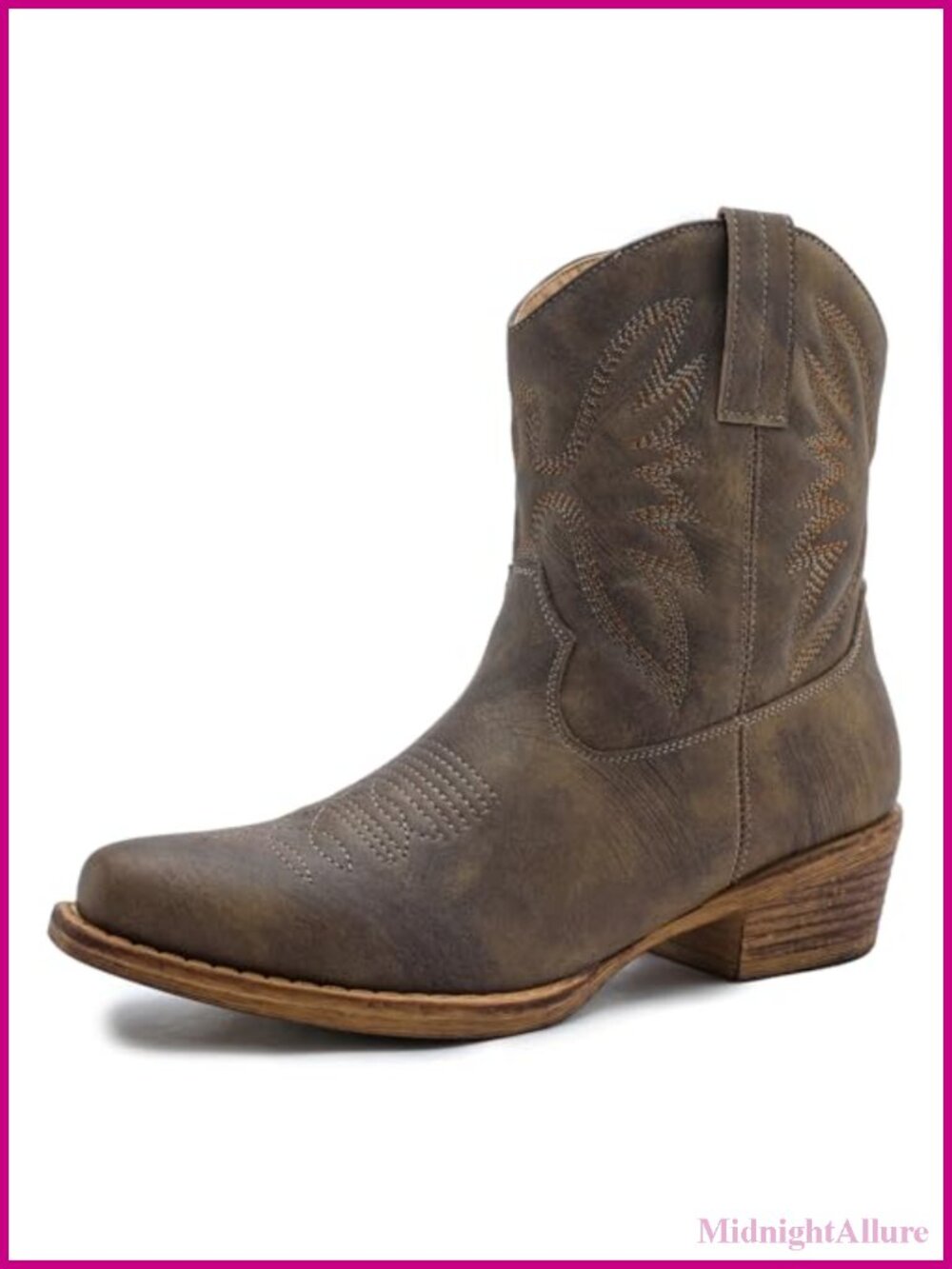 Western Ankle Cowboy Booties Faux Leather Side Zip Snip Toe Block Heel